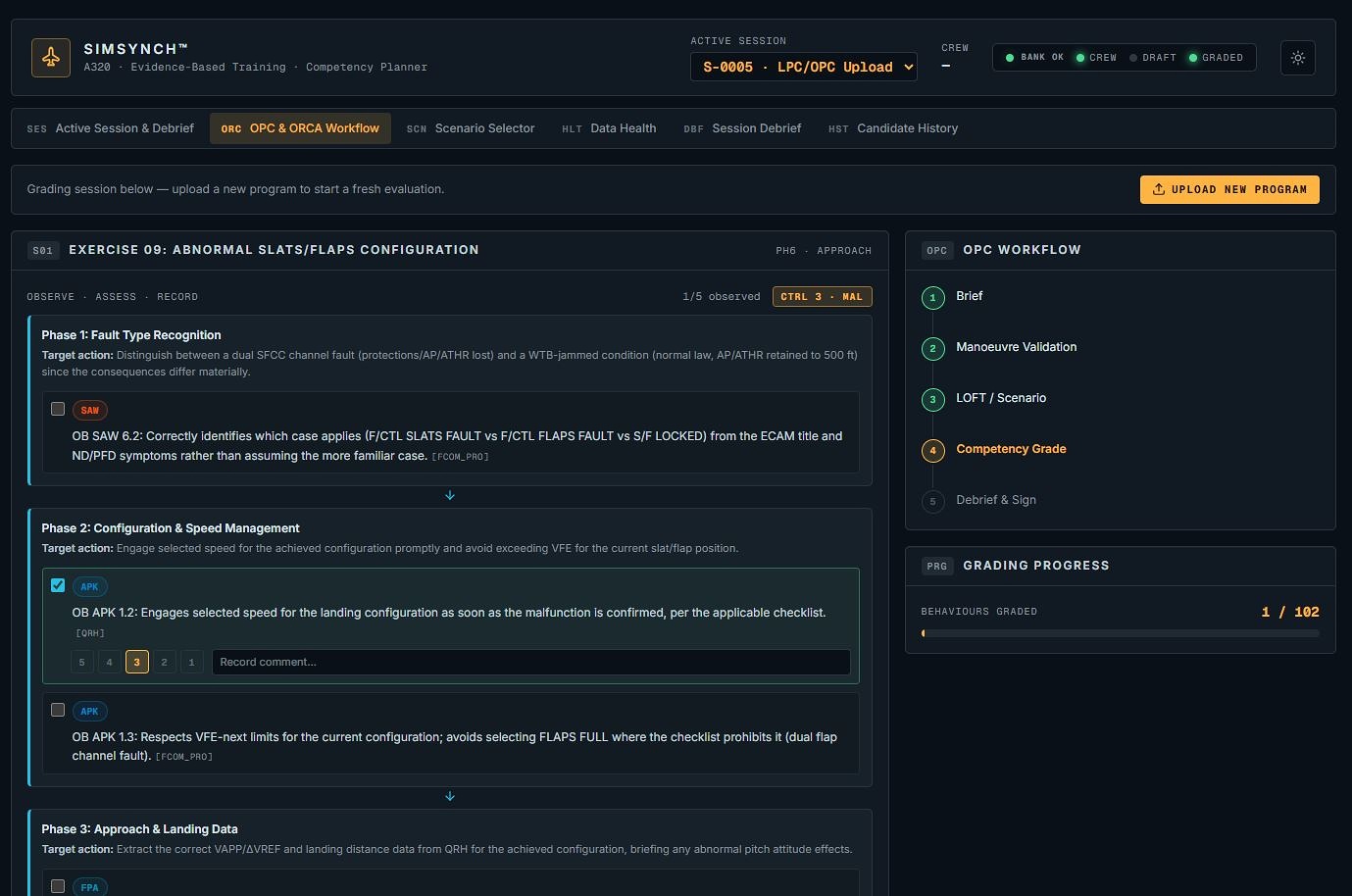 SimSynch OPC & ORCA Workflow tab showing live exercise grading, workflow steps, and grading progress