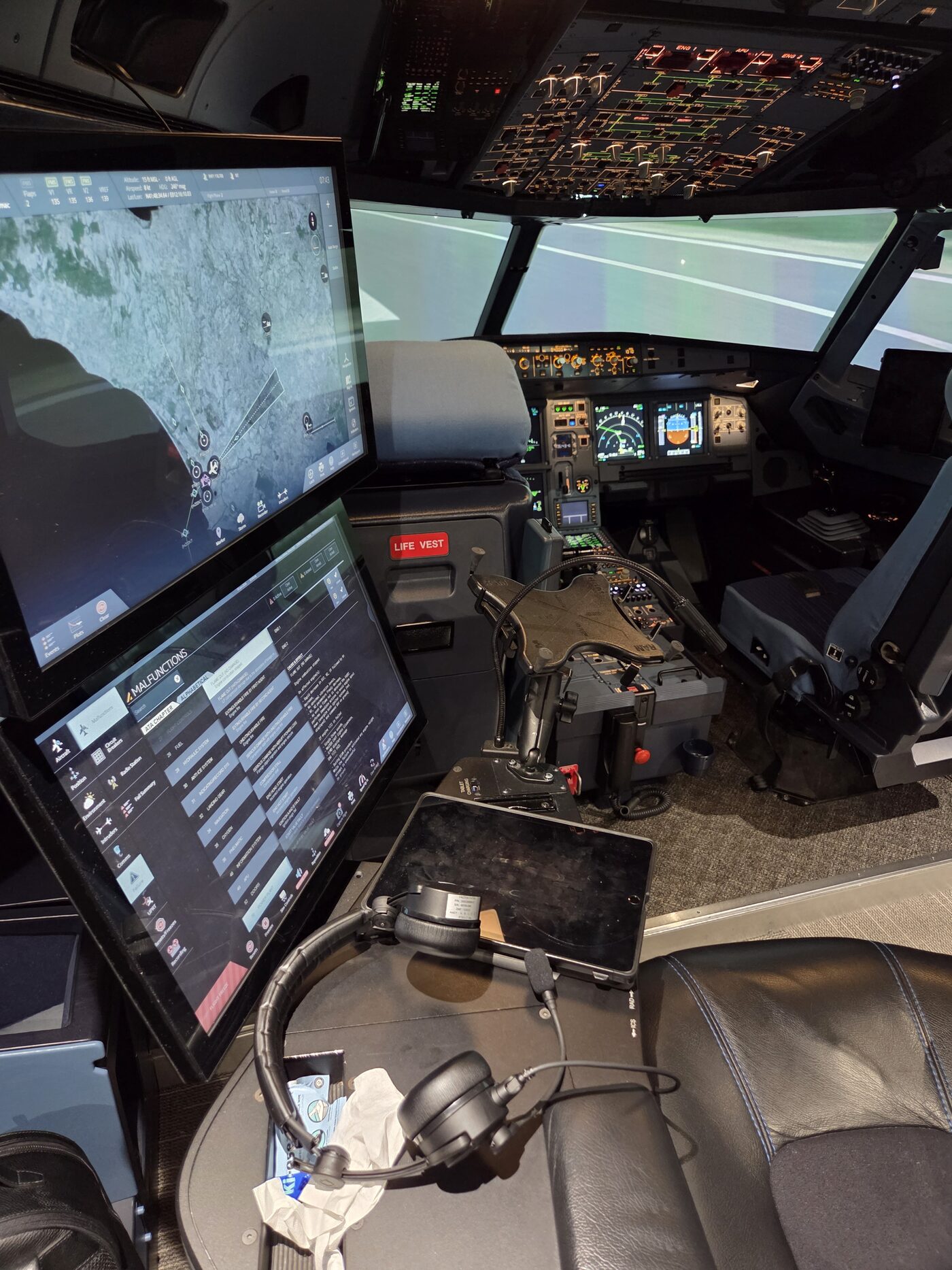Instructor operating station and cockpit view during a live A320 simulator session